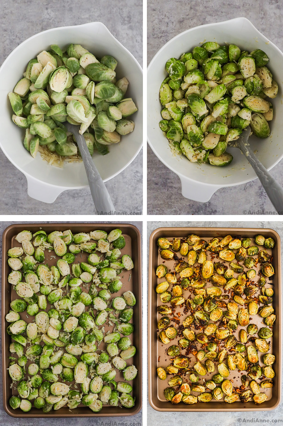 Four images grouped together. First is sliced brussels sprouts, second is them seasoned with parmesan and spices. Last two are brussels sprouts on a baking sheet, first raw then baked and crispy