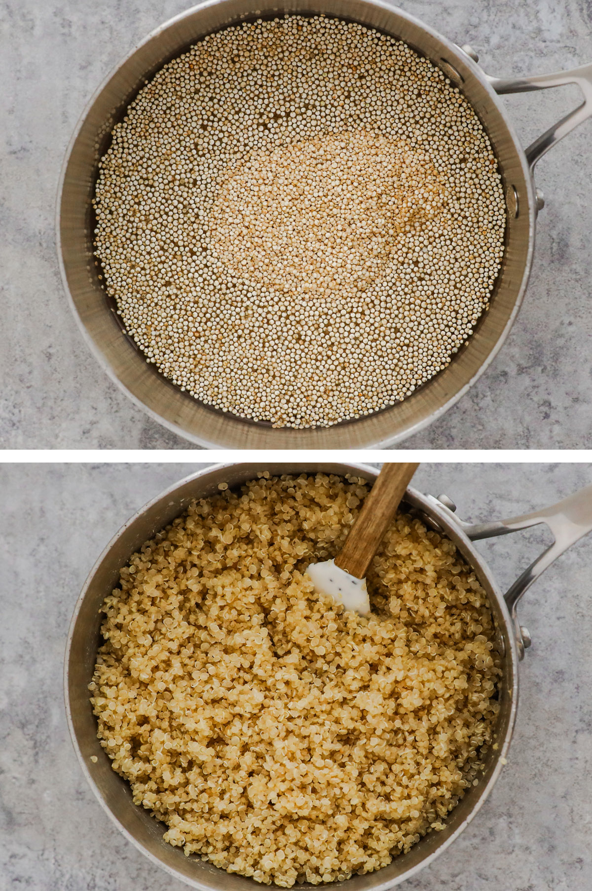 Two images of a pot, first with uncooked quinoa, second with cooked fluffy quinoa