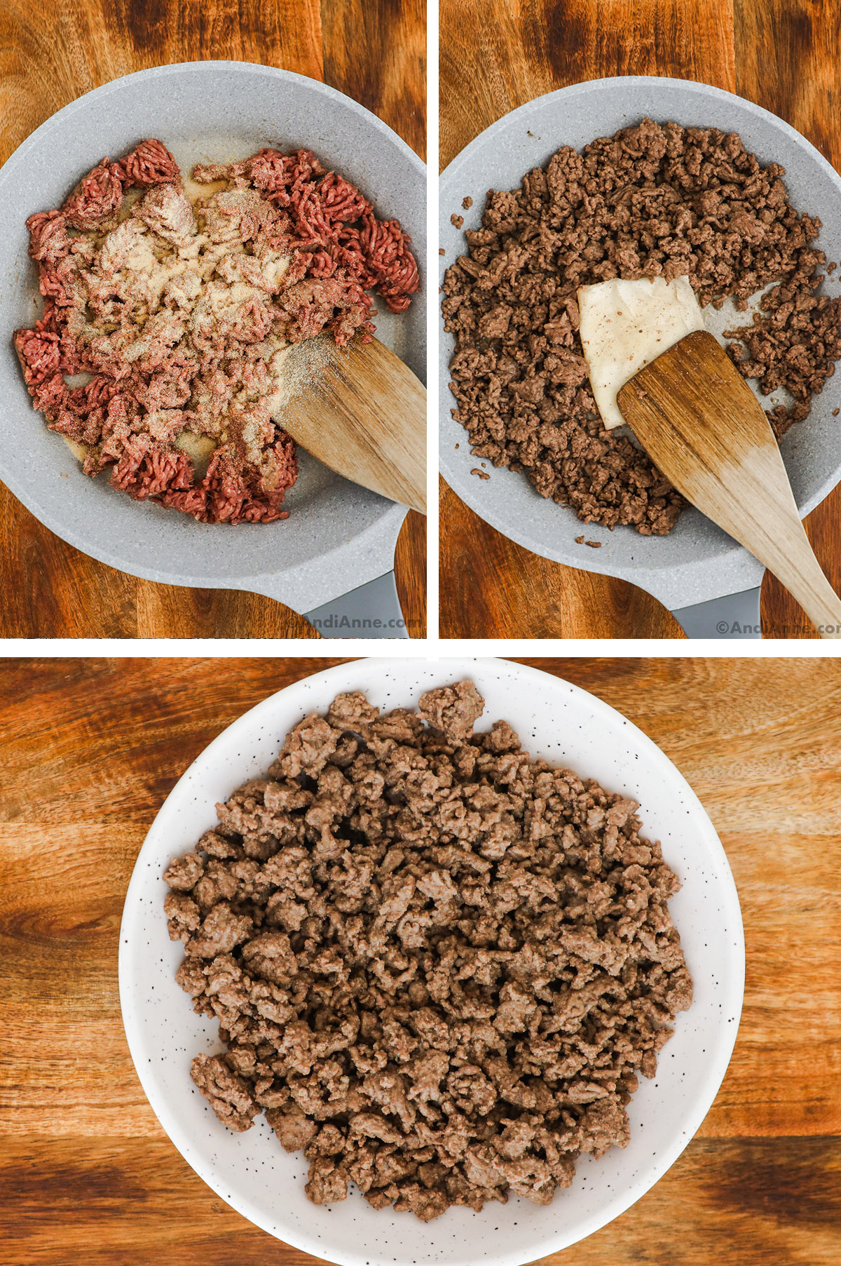 Three images grouped together. First two are frying pan. First with raw ground beef and spices on top. Second with cooked ground beef, a folded paper towel and a spatula. Last image is ground beef on a plate.