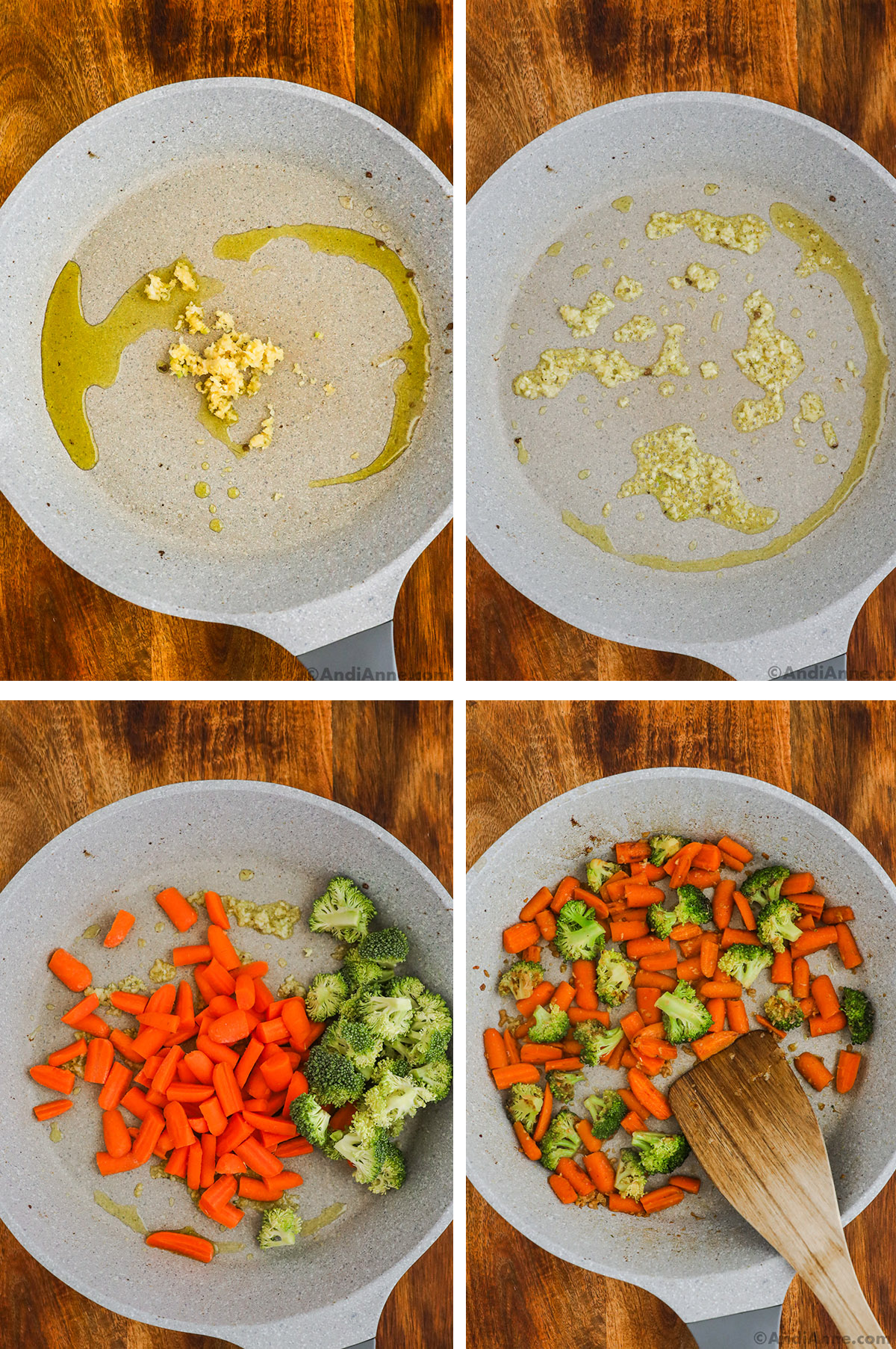 Four images grouped together. First two are frying pan with minced garlic and oil. Third is raw carrots and broccoli pieces added to pan. Fourth is cooked broccoli and carrots.