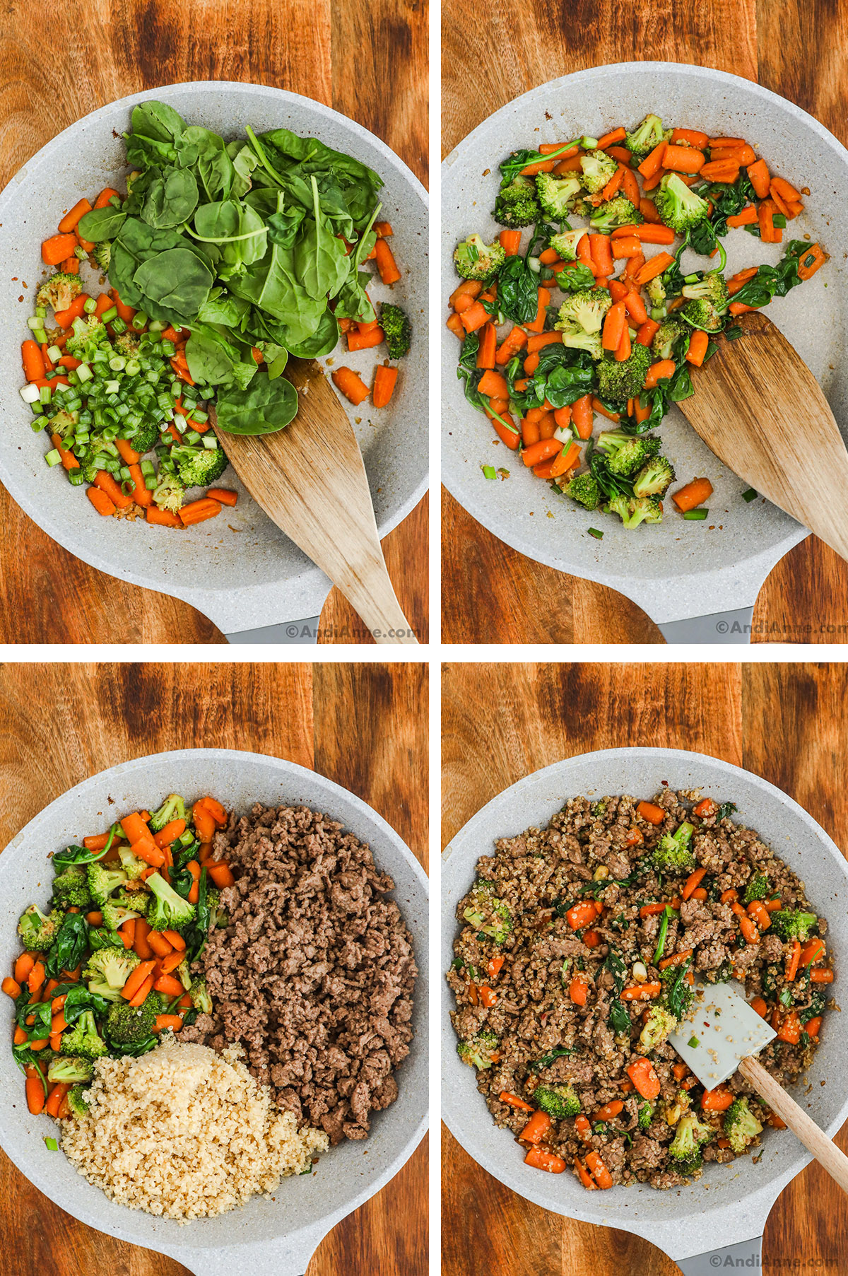 Four images of frying pan. First has chopped spinach and spring onions over cooked carrots and broccoli. Second is all ingredients mixed together and spinach wilted. Third has ground beef and quinoa added to the veggie mixture. Fourth is everything mixed together.