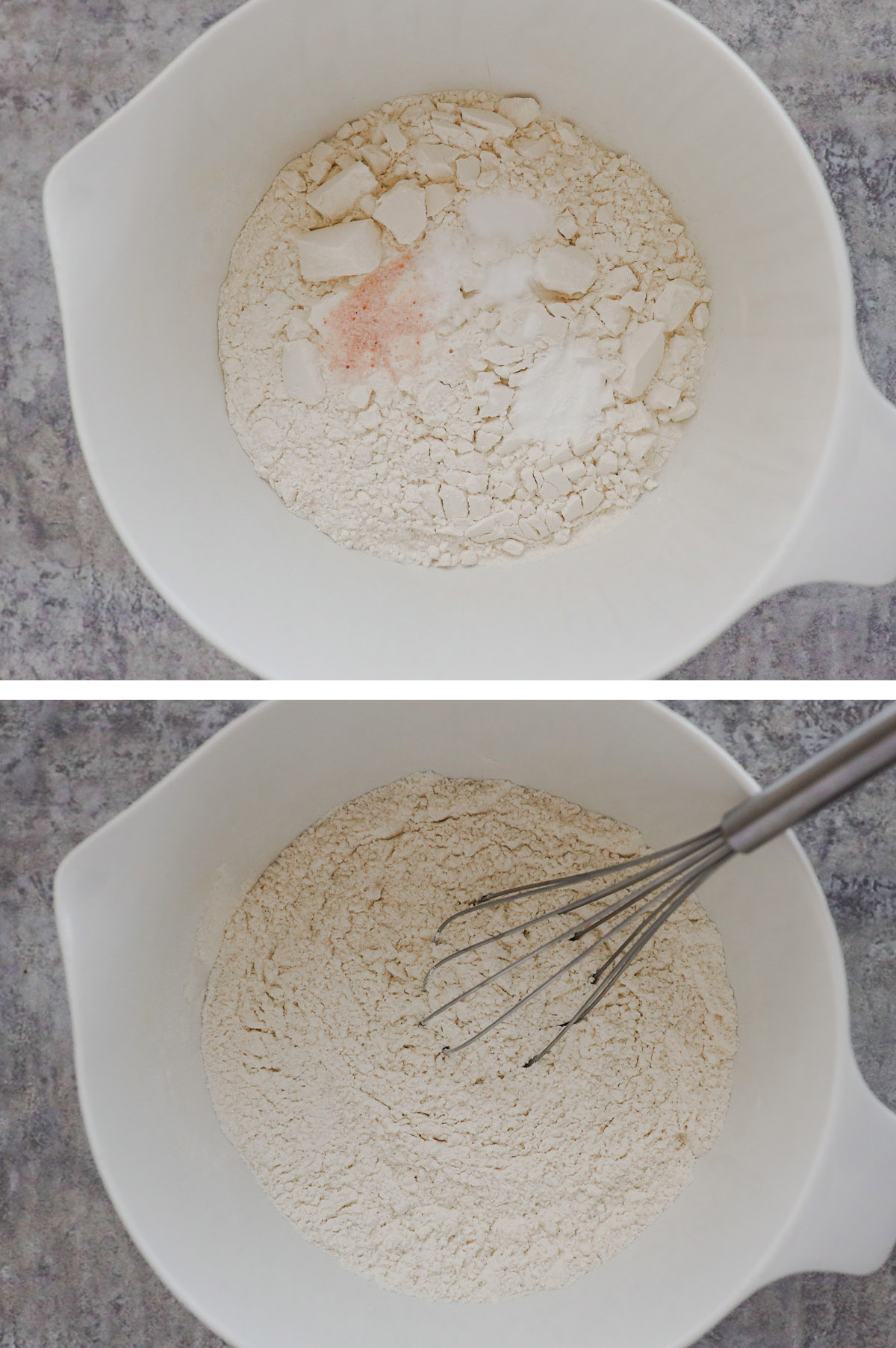 Two images of a bowl, first is dry ingredients unmixed, second is ingredients mixed. 