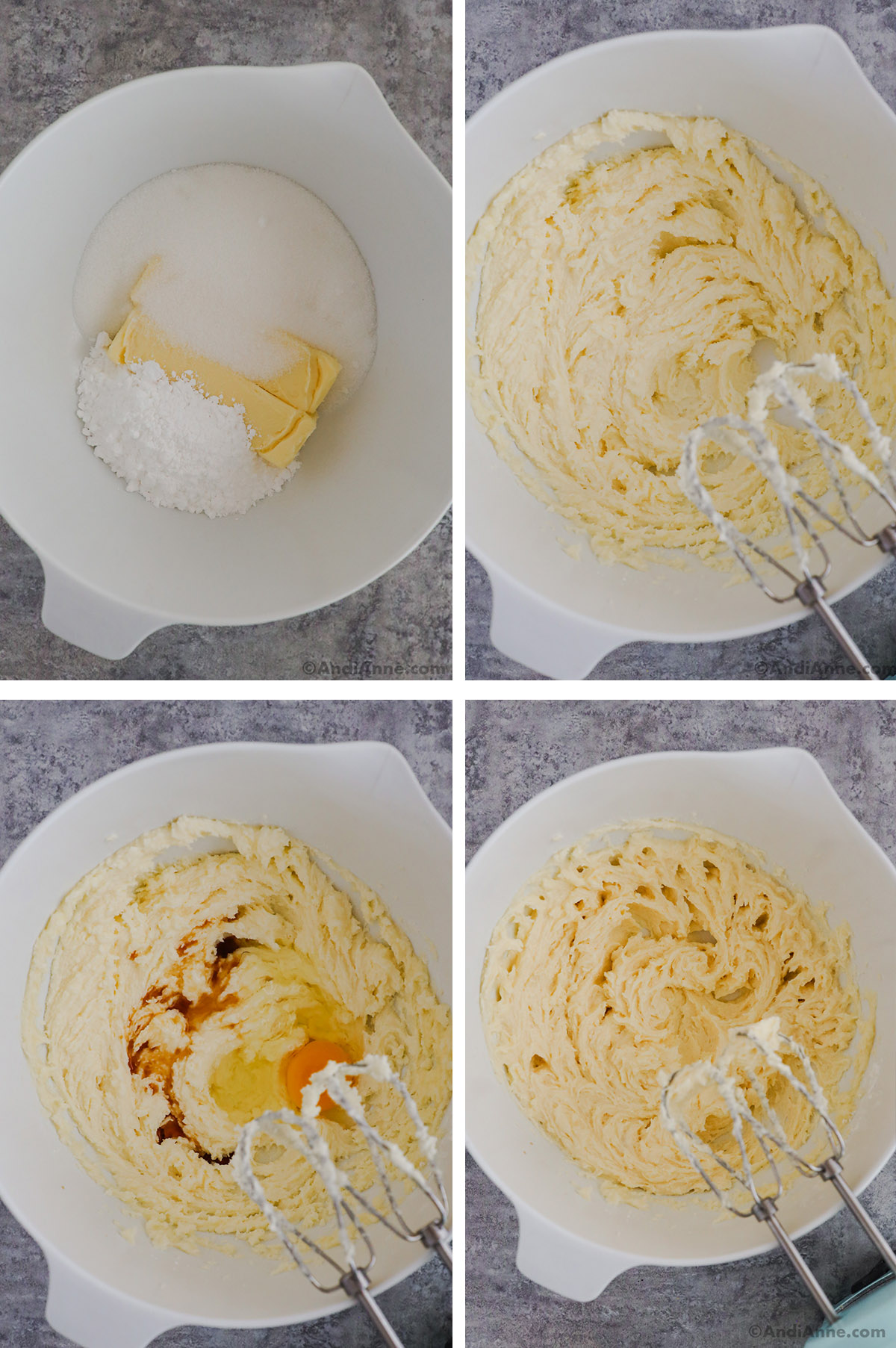 Four images of a bowl, first has sugar, butter and powdered sugar. Second is creamed butter with sugar and hand mixer. Third is eggs and vanilla over creamed butter, fourth is creamed ingredients. 