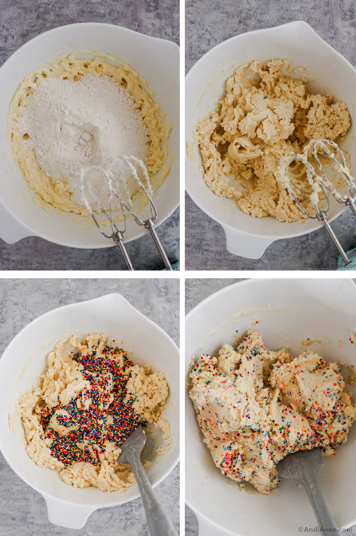 Four images grouped together. Dry ingredients on top of creamed butter with hand mixer. Second is cookie dough mixed. Third is sprinkles dumped over cookie dough. Fourth is sprinkles mixed into cookie dough.