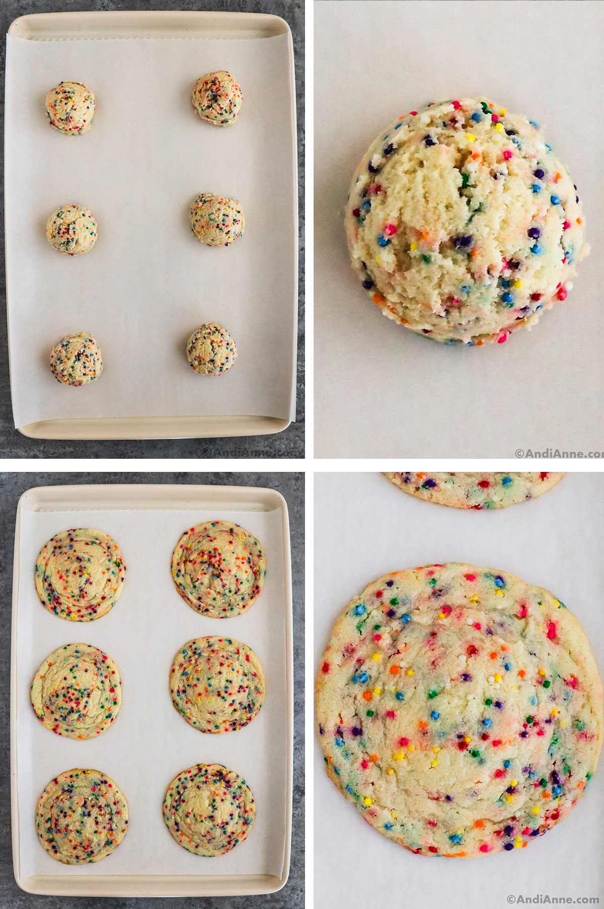 Four images, first is raw sprinkle cookie dough dropped onto baking sheet. Second is close up of cookie dough. Third is baked sprinkle cookies on baking sheet. Fourth is close up of sprinkle cookie.