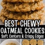 a stack of oatmeal cookies, a bowl of dough and cookies cooling on a rack