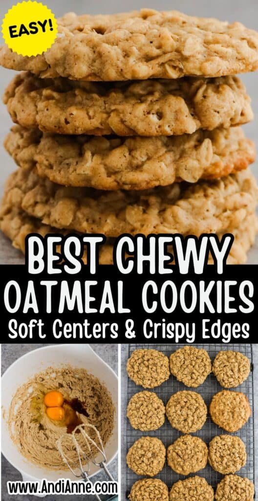 a stack of oatmeal cookies, a bowl of dough and cookies cooling on a rack