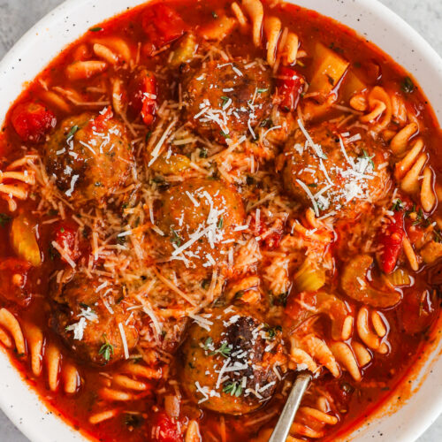 A bowl of Italian meatball soup