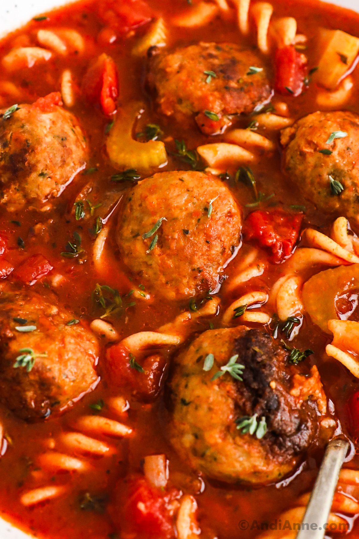 Close up of italian meatball soup with pasta and vegetables