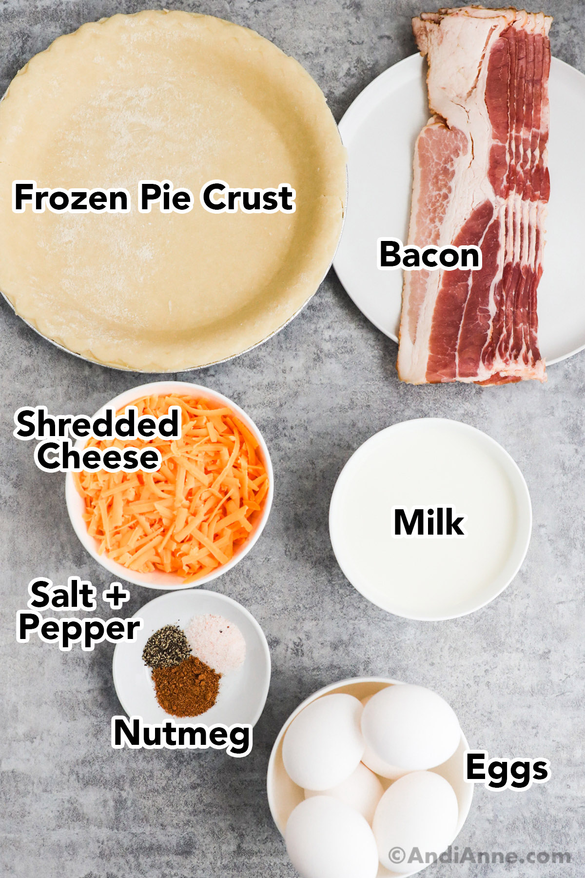 Ingredients including a frozen pie crust, raw bacon strips, shredded cheese, milk, 
spices, and eggs.