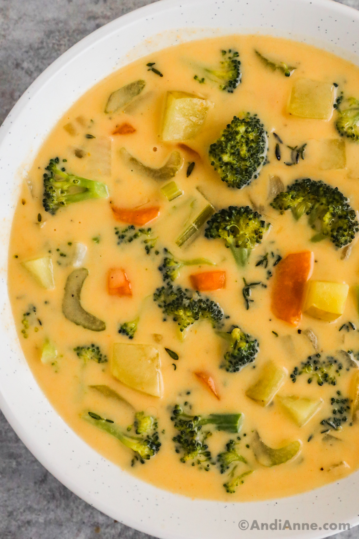 Close up of broccoli, potatoes, celery and carrots in a creamy cheesy soup.