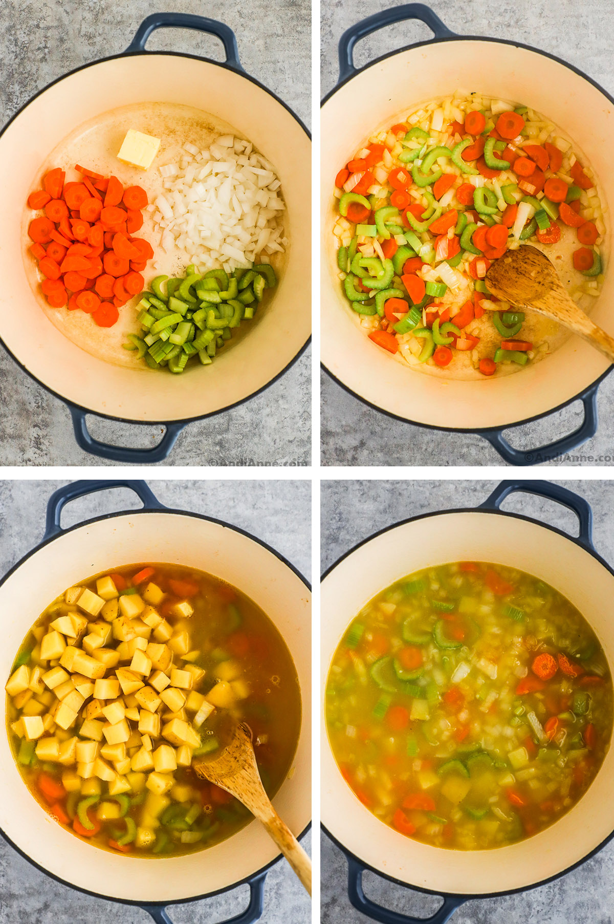 Four images of a pot. First with chop carrots, celery and onion and stick of butter all separated. Second with these things mixed together and softened. Third with broth and chopped potatoes added unmixed. Fourth with ingredients mixed.