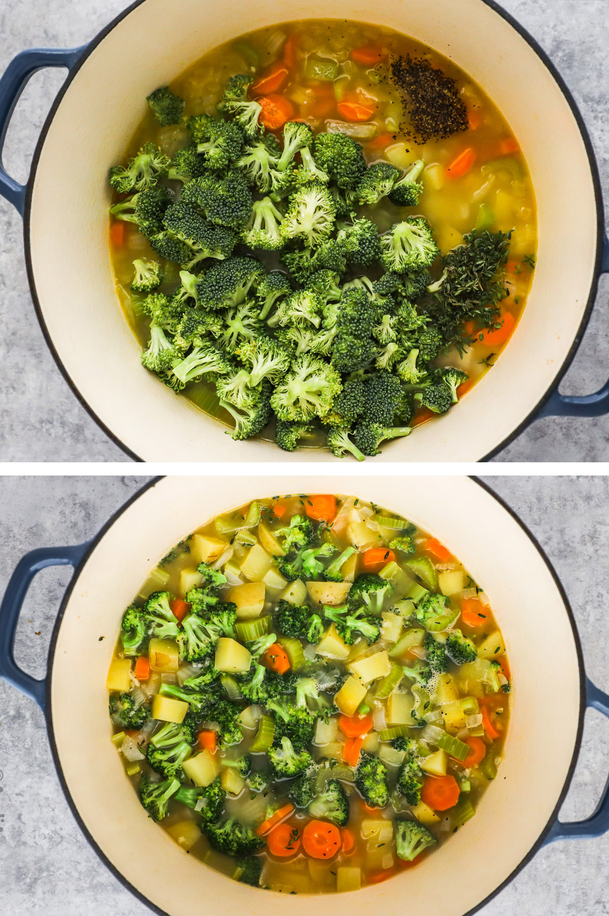 Pot of soup with raw broccoli florets dumped in, second image with broccoli softened and cooked in the soup