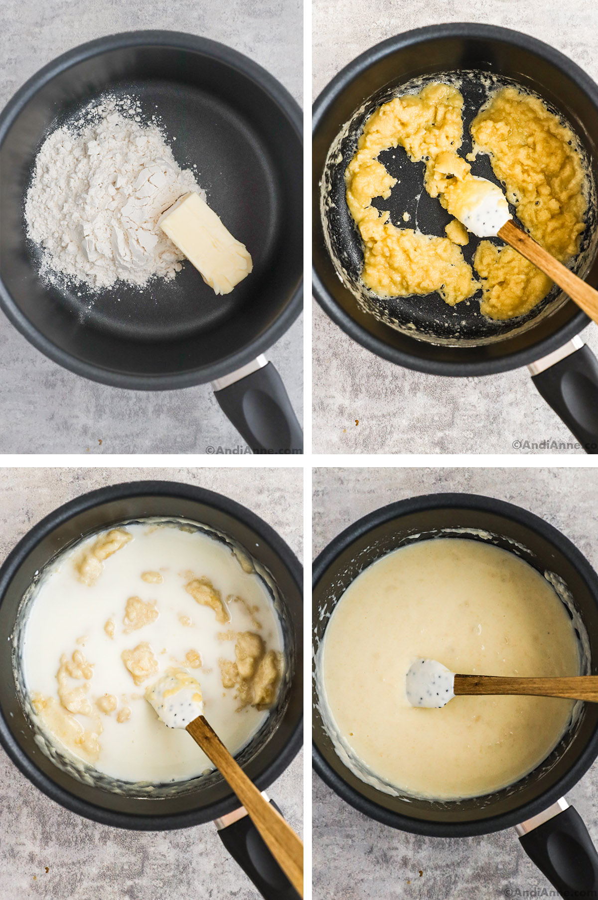 Four images of a saucepan, first with flour and butter separated unmixed. Second with the two mixed together and lumpy. Third with milk poured on top of lumpy mixture. Fourth is creamy sauce and small spatula.