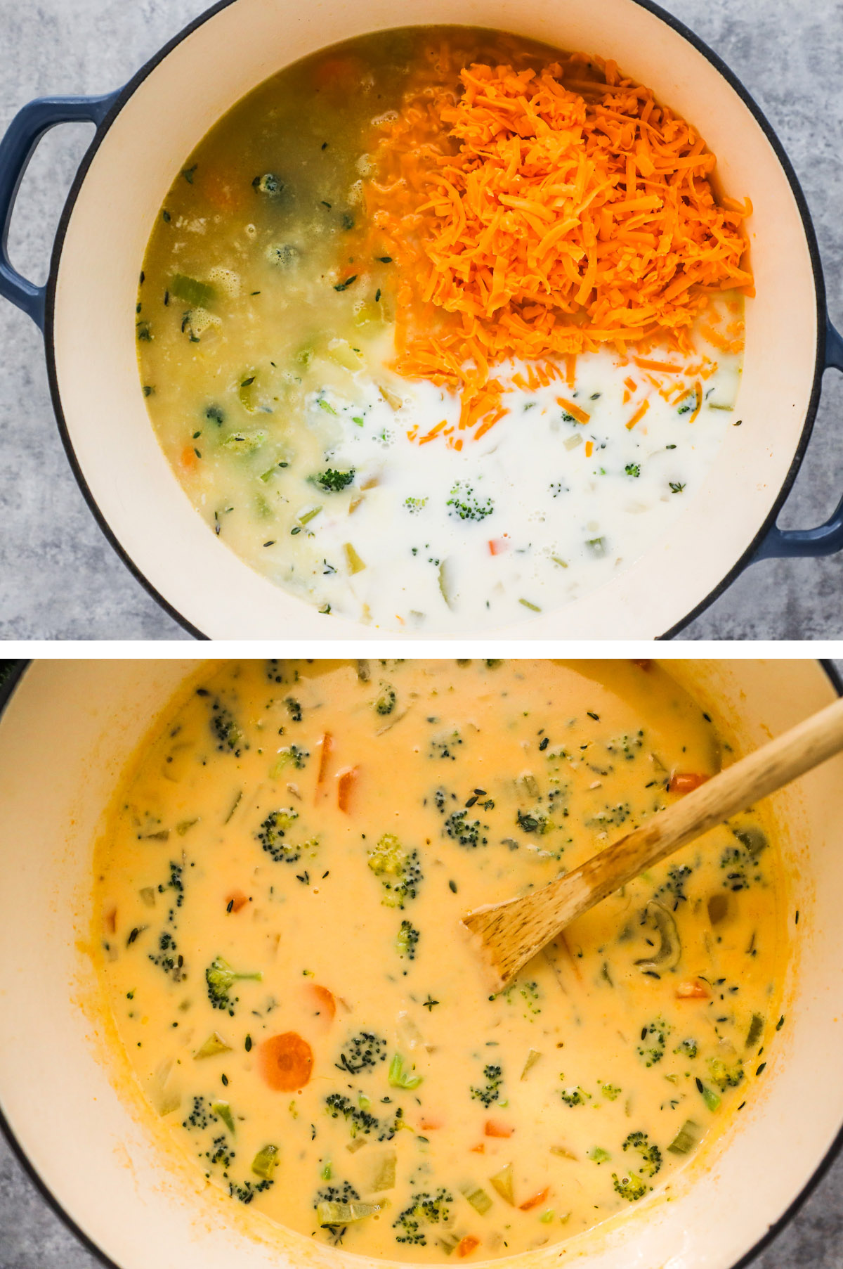 Two images first is shredded cheese and milk dumped into soup mixture, second image is completely broccoli cheddar potato soup recipe in large pot.