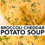 close up of a pot of broccoli cheddar potato soup with a ladle scooping some of the soup