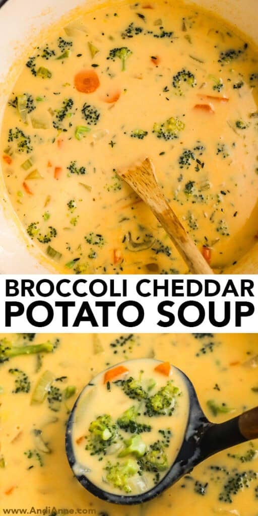 close up of a pot of broccoli cheddar potato soup with a ladle scooping some of the soup