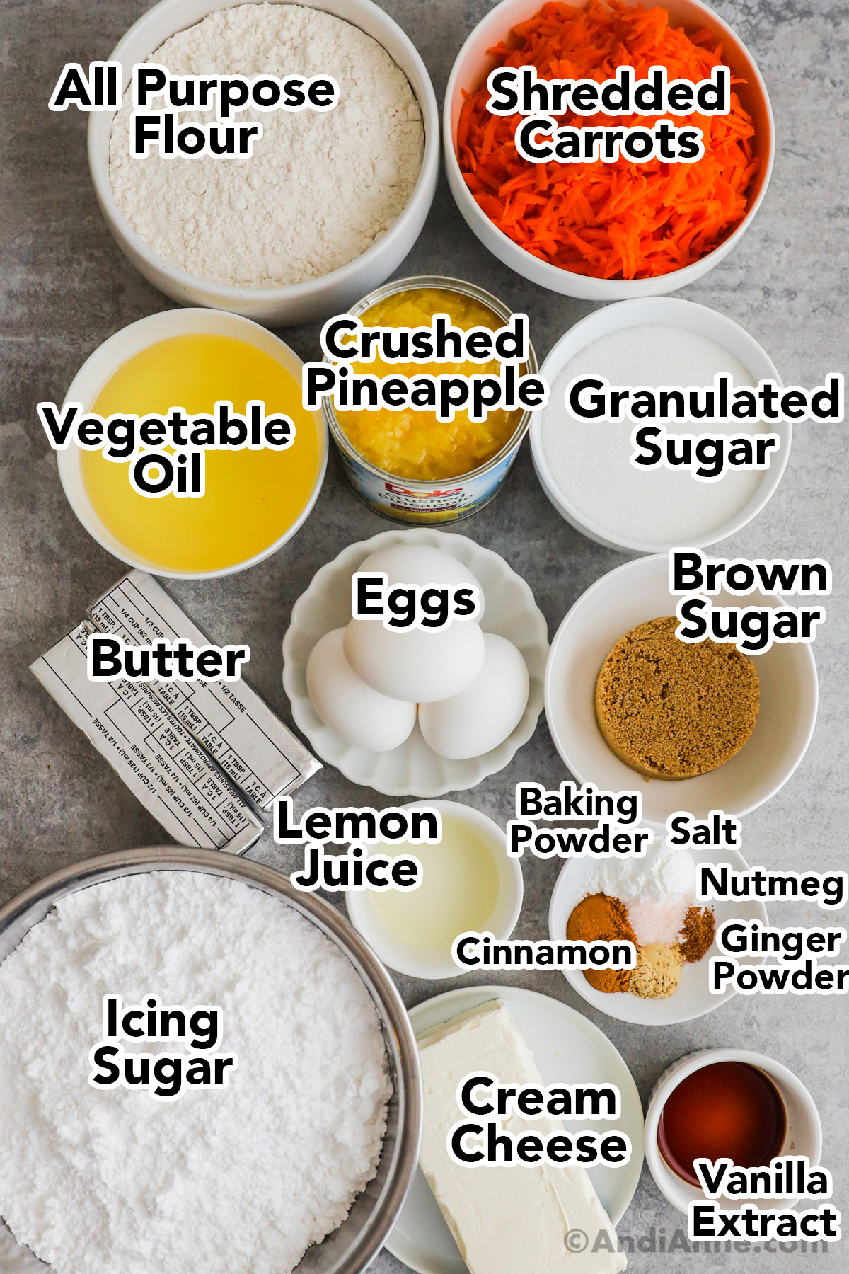 Bowls of ingredients including flour, shredded carrots, vegetable oil, crushed pineapple in can, white sugar, brown sugar, eggs, icing sugar, cream cheese, vanilla extract, and spices.