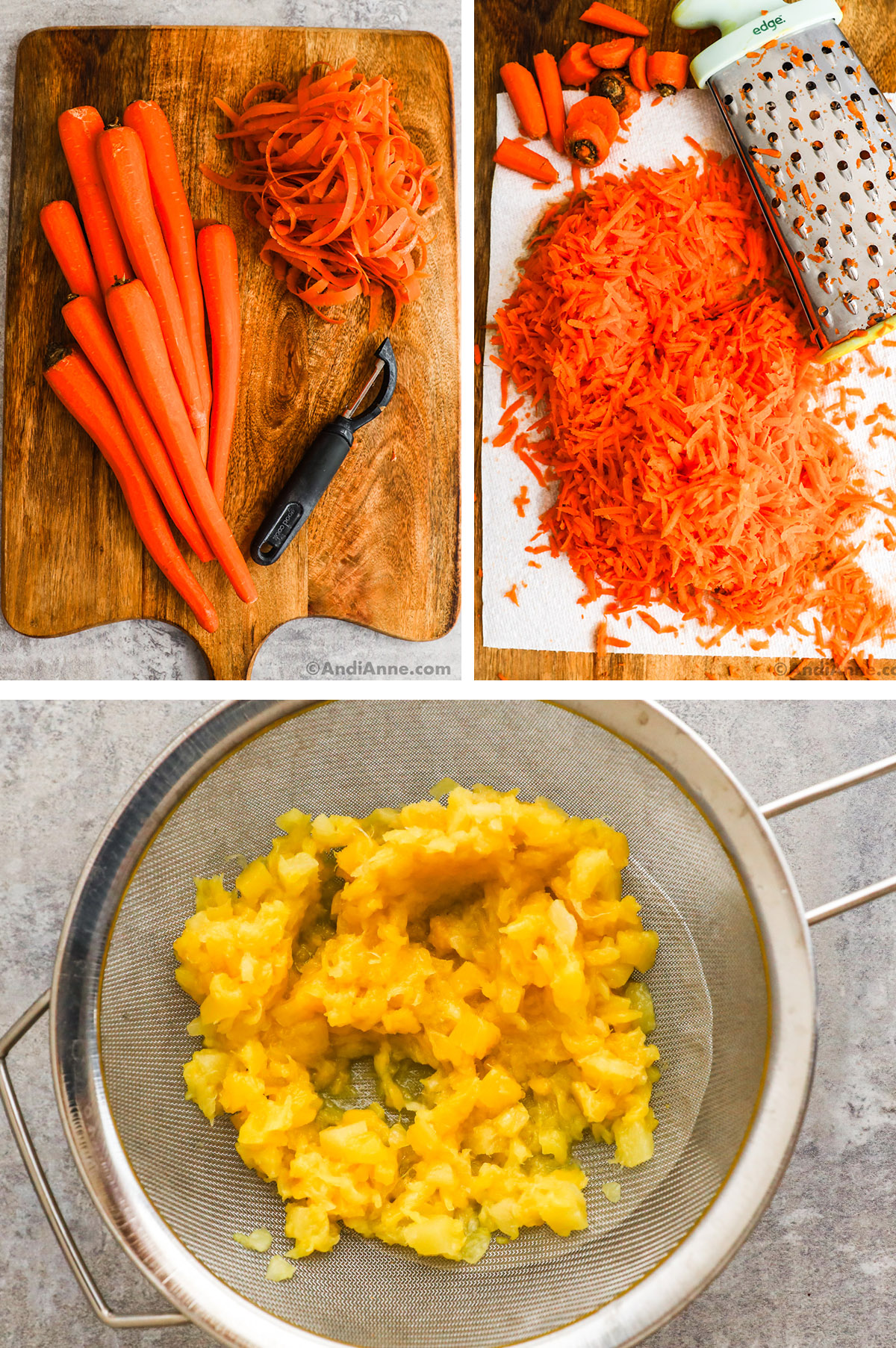 Three images grouped together. First is peeled carrots, second is grated carrots, third is crushed pineapple in a strainer.