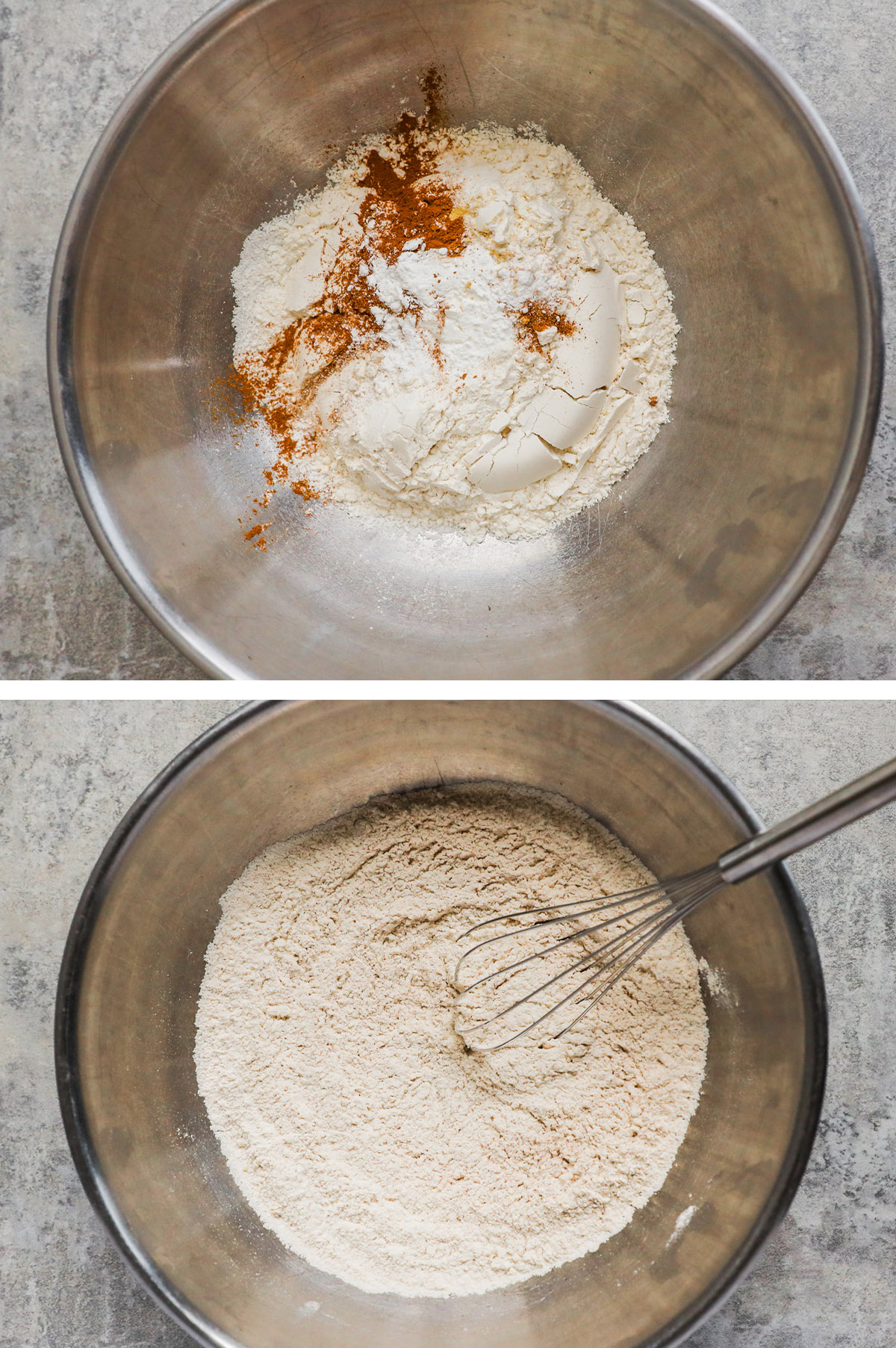 Two images of a bowl, first with dry ingredients dumped in. Second is dry ingredients mix together.