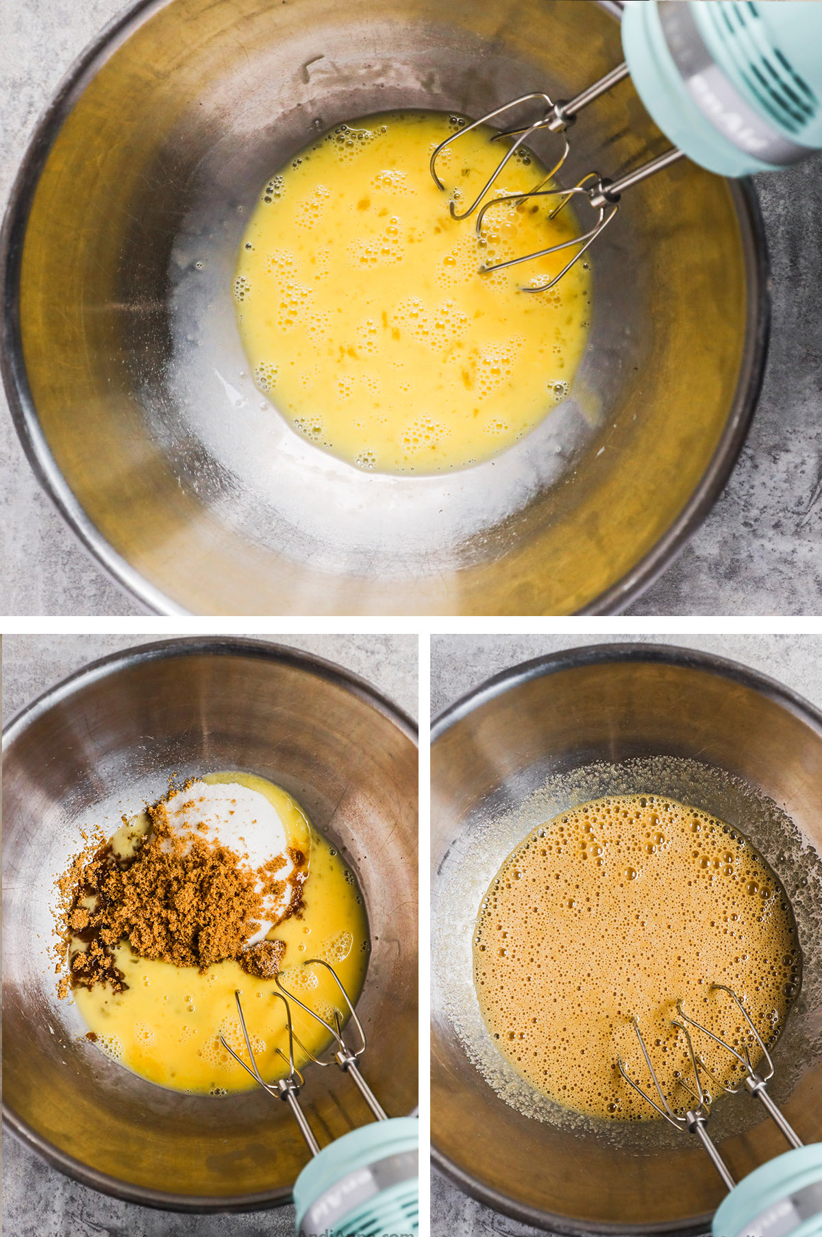 Three images grouped together, first is beaten eggs with hand mixer, second is beaten eggs, white sugar and brown sugar dumped in, third is eggs and sugars beaten together to create brown liquid.