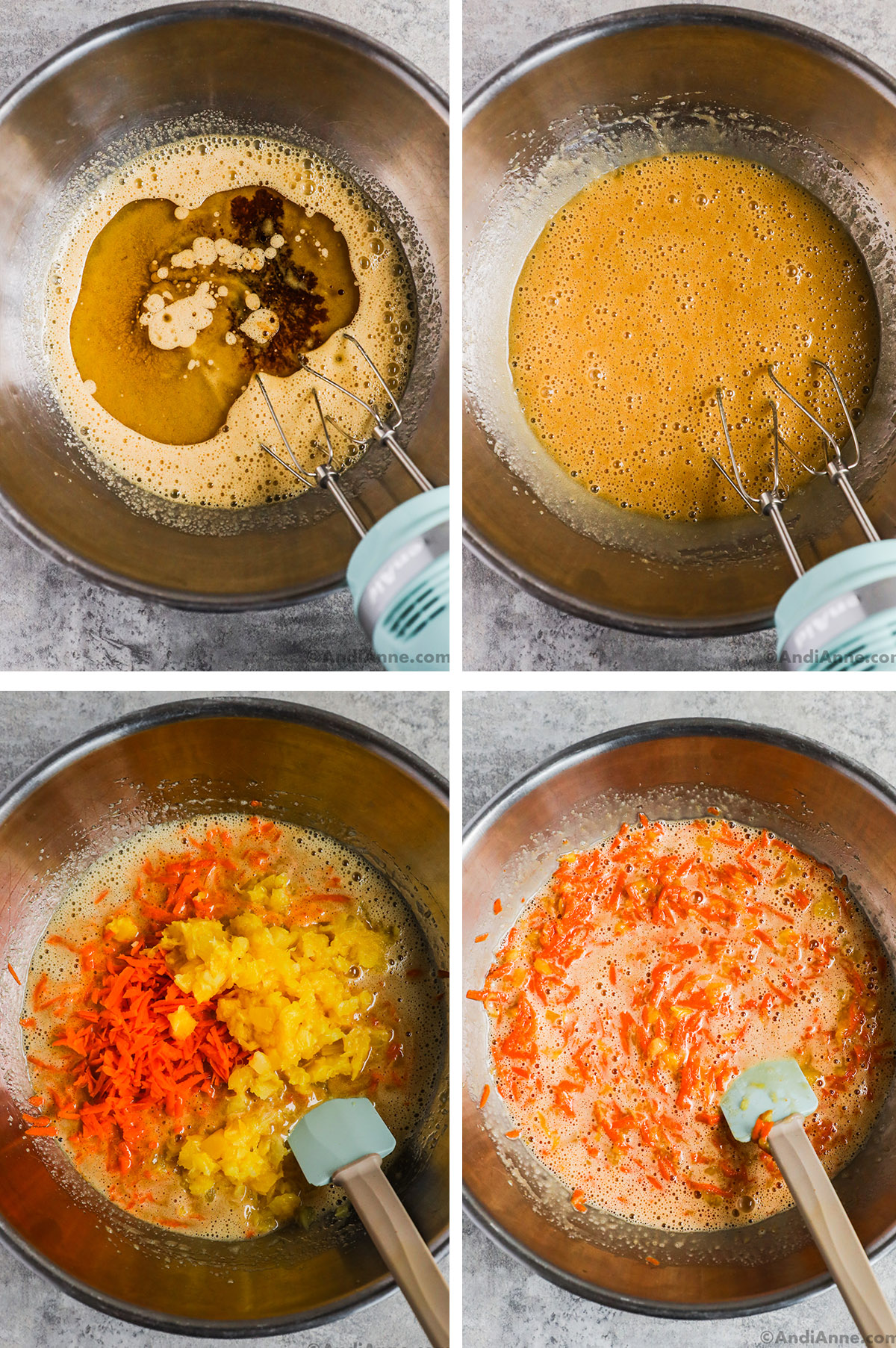 Four images grouped together. First is various liquids dumped in, second is liquids mixed to brown liquid color. Third has shredded carrot and crushed pineapple dumped on top. Fourth is ingredients mixed together.