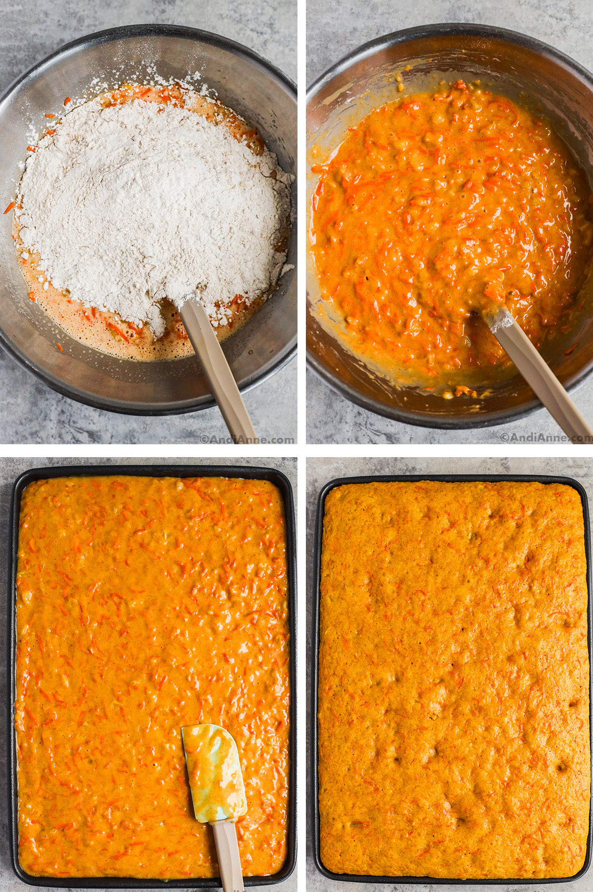 Four images together, first two are bowls, dry ingredients dumped on top, then mixed to create a batter. Third is cake batter poured into sheet pan. and Last is baked cake on sheet pan.