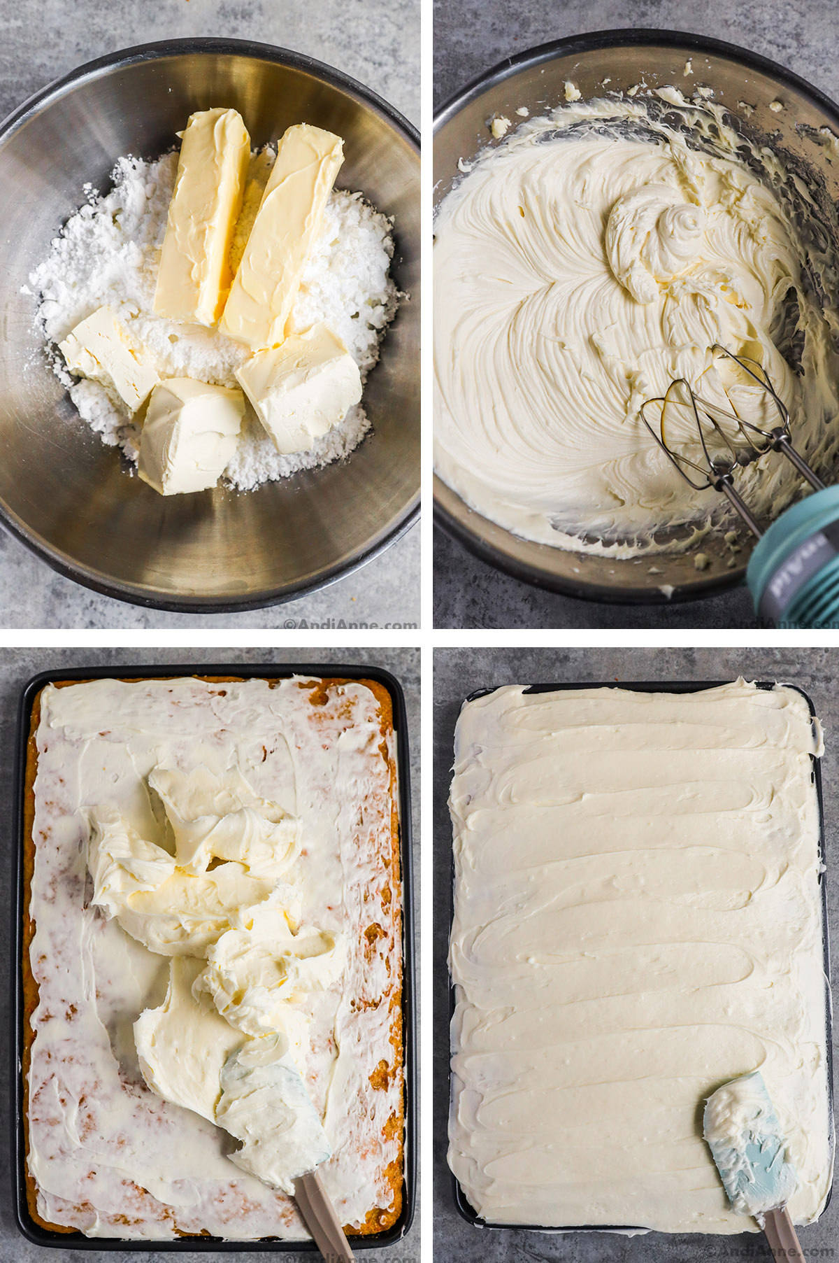 Four images, first two are bowl with icing sugar, cream cheese and butter dumped in. Second is smooth cream cheese icing. Third icing dumped over the cake. Fourth is icing spread on to the cake.