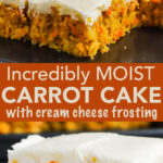 Close up slices of moist carrot cake with cream cheese frosting