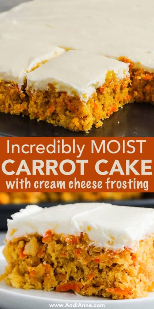 Close up slices of moist carrot cake with cream cheese frosting