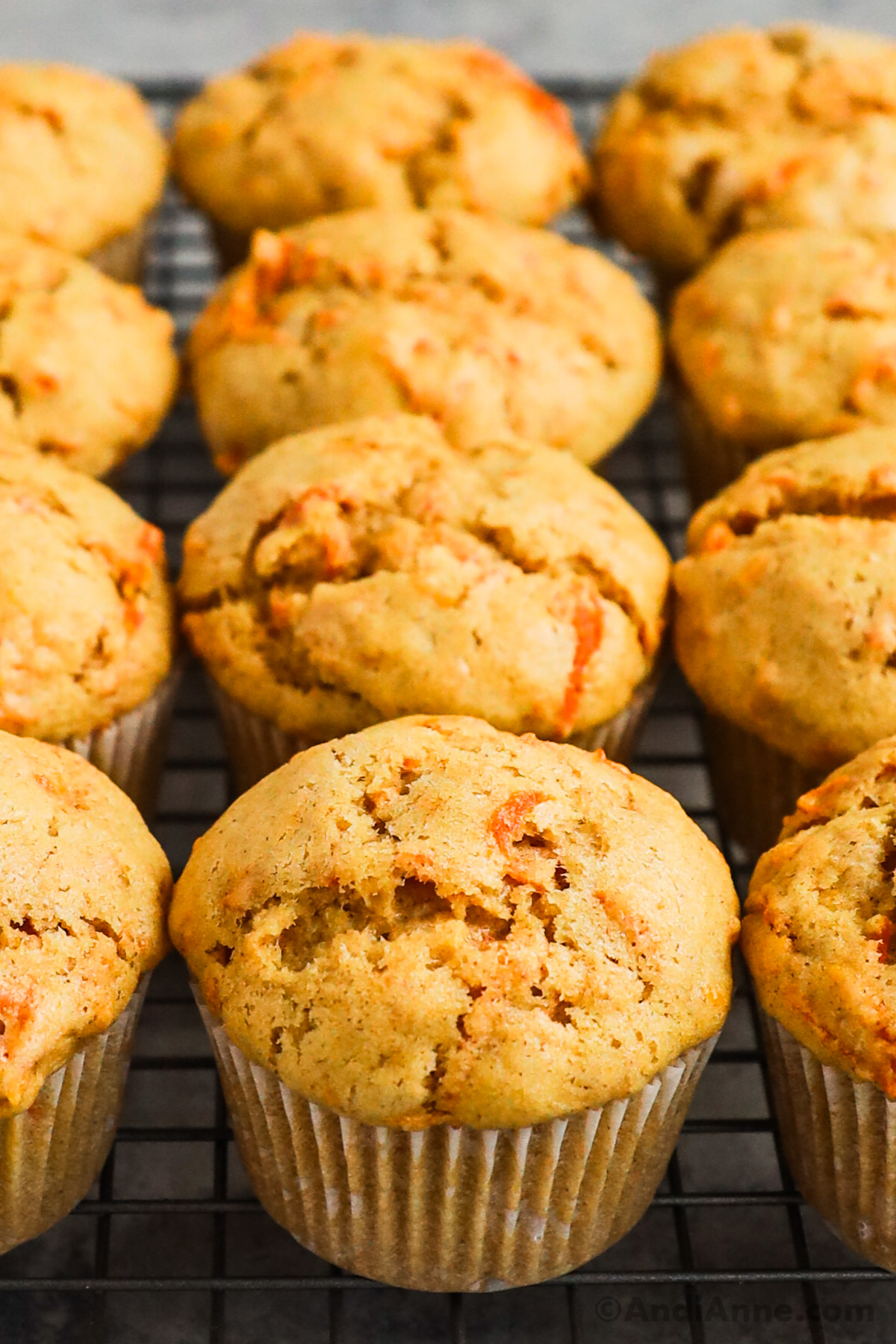 Close up of carrot muffins on a rack to cool