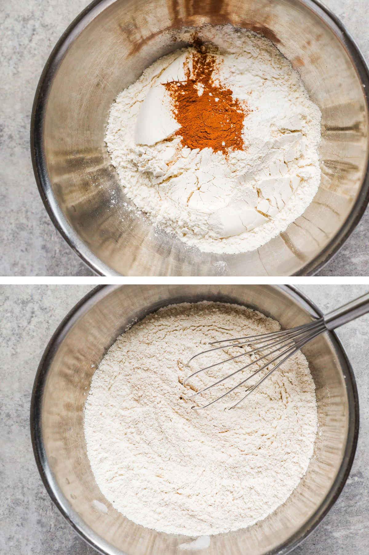 Two images of a metal bowl with dry ingredients, first unmixed then mixed.