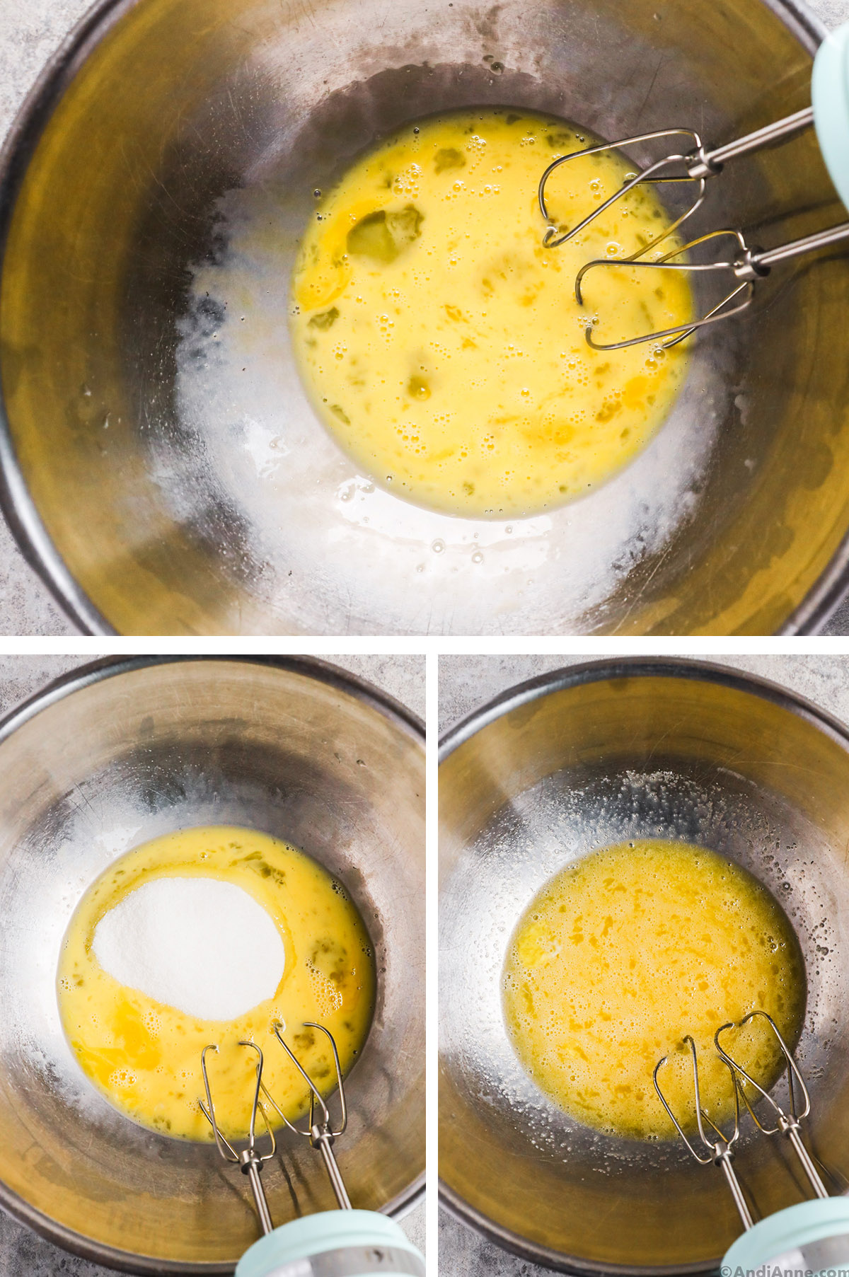 Three images of a metal bowl, first with beaten eggs and hand mixer, second with sugar dumped in, third with sugar mixed with eggs.