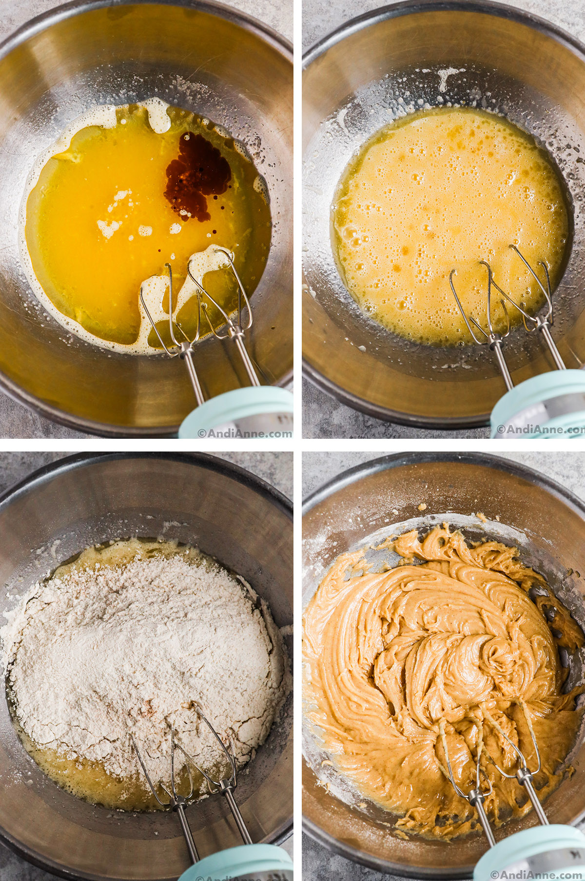 Four images of a metal bowl and hand mixer. First two with oil dumped over beaten egg mixter unmixed then mixed. Last two with dry ingredients dumped over wet ingredients, unmixed then mixed.