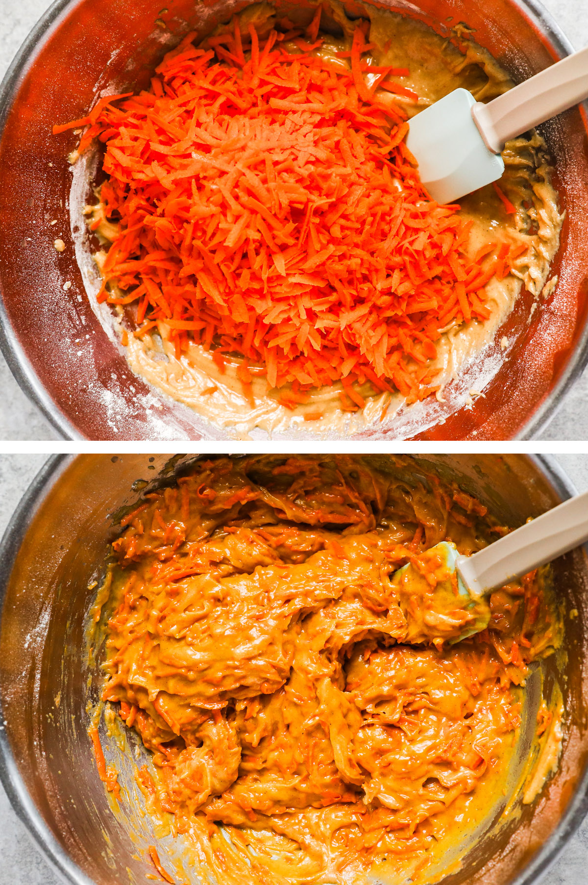 Shredded carrots on top of batter with a spatula in metal bowl, first unmixed then mixed together.