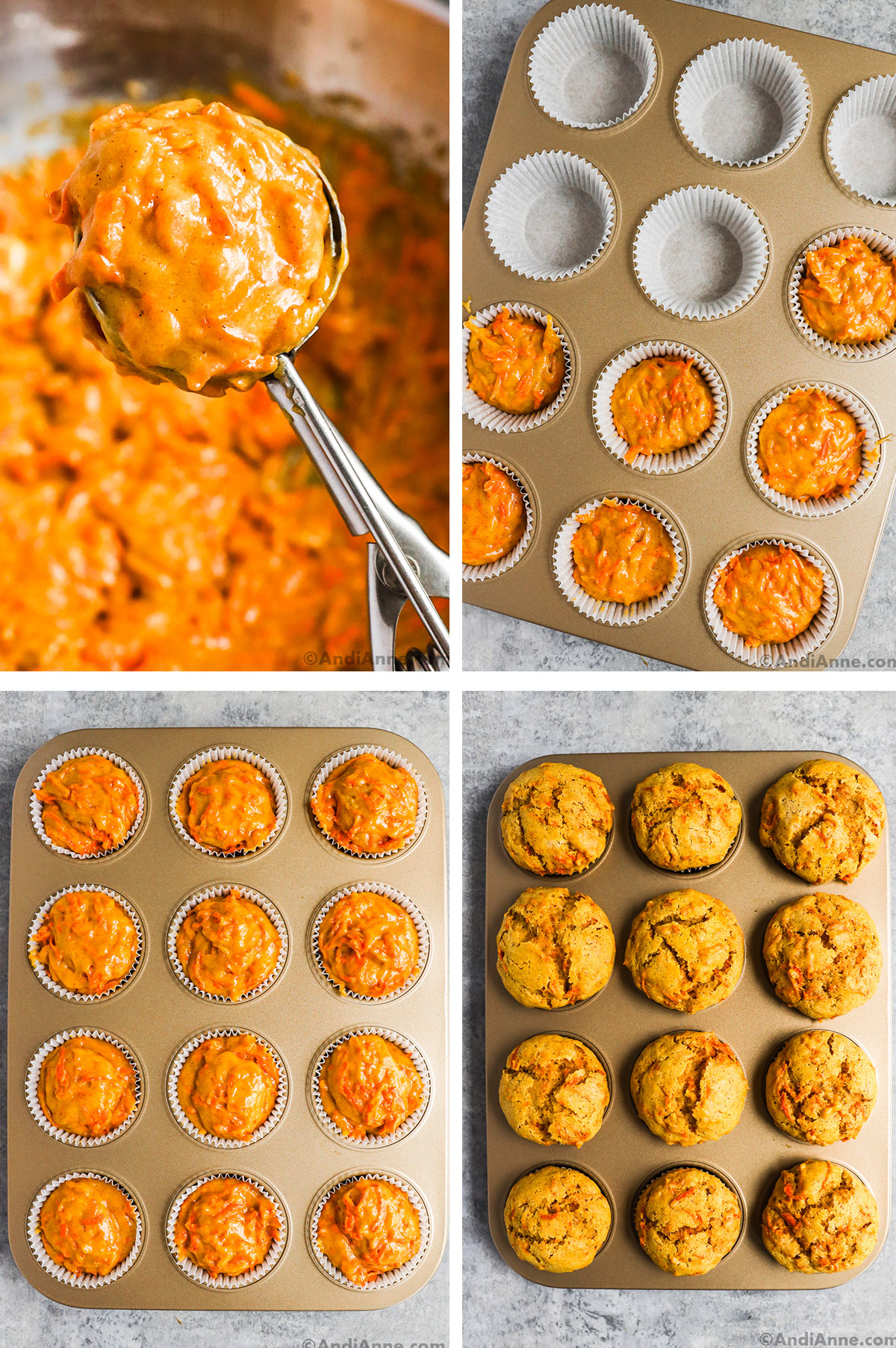 Four images, first is cookie scoop with orange batter, second and third are muffin pan with unbaked muffin batter, last image is baked muffins in muffin pan.