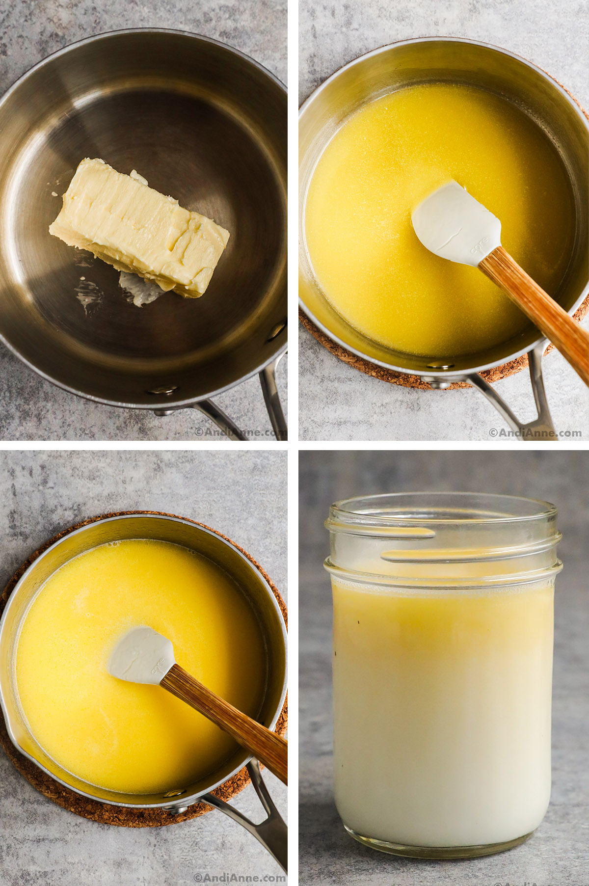 Four images grouped together. First is saucepan with a stick of butter. Second is melted butter in pot. Third is butter and milk stirred together in pot. Fourth is a mason jar with heavy cream inside.