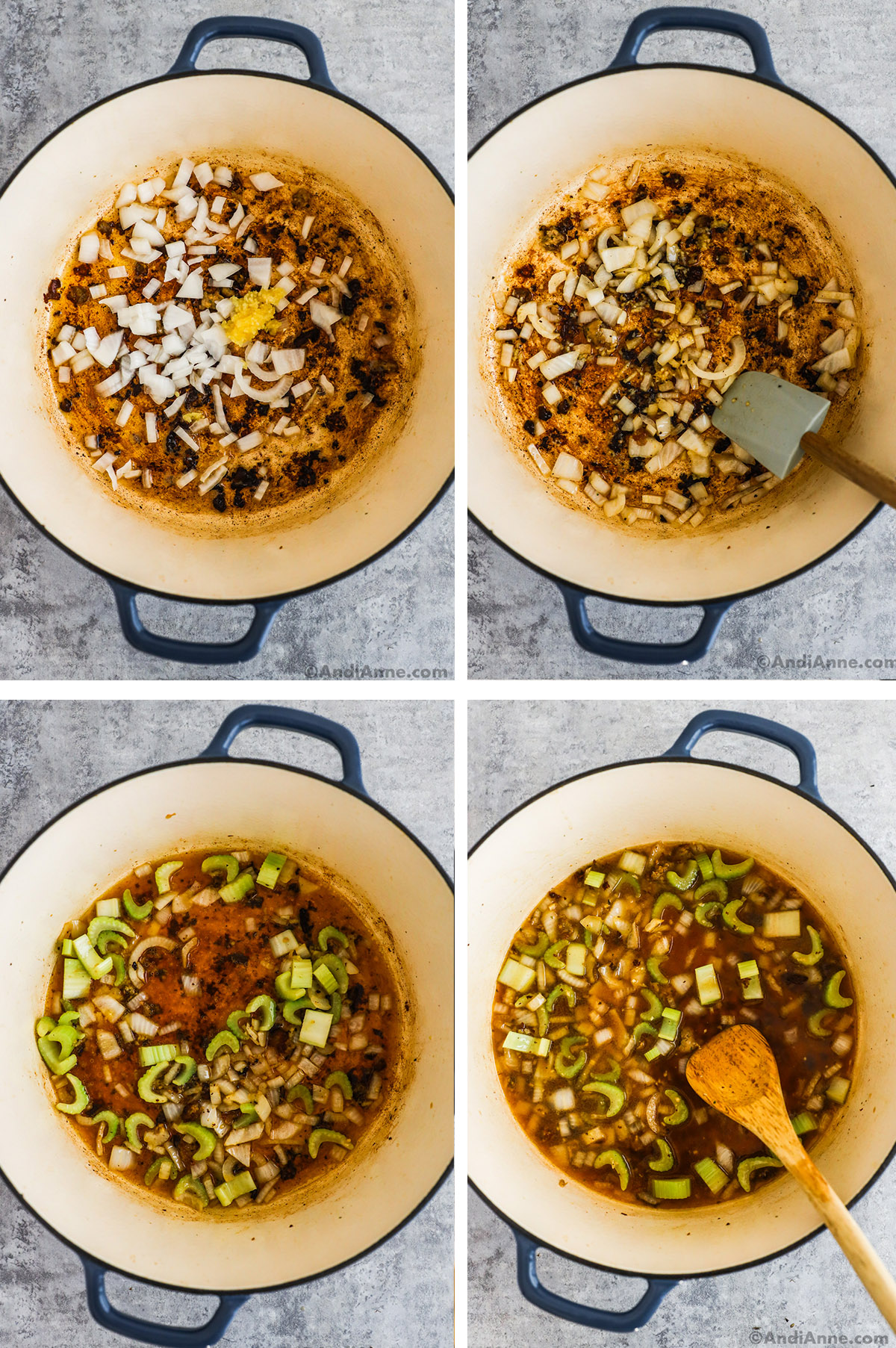 Four images of a pot, first two iwth chopped onion and garlic uncooked then cooked. Second two have chopped celery and broth added.