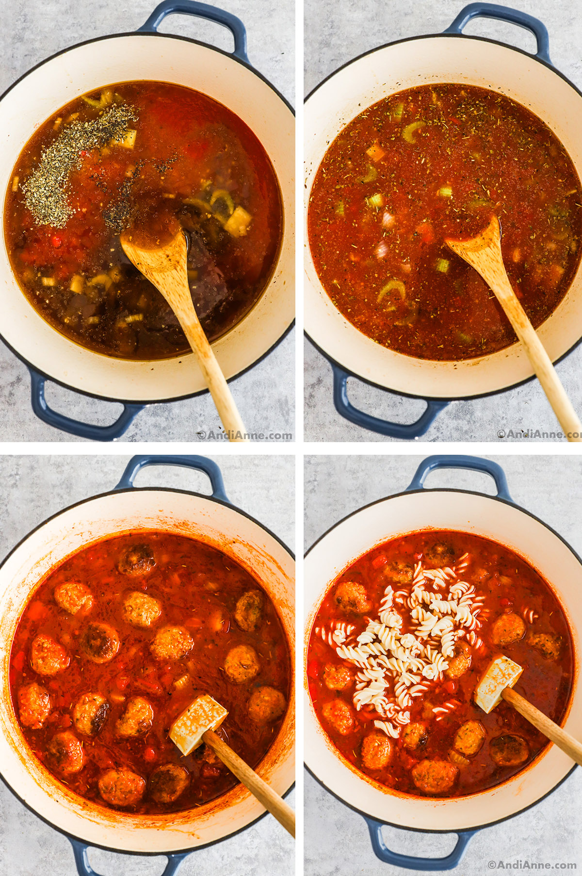 Four images of a pot with tomato sauce colored broth. First with spices dumped in, second with them mixed in. Third with meatballs, and fourth with rotini pasta added.