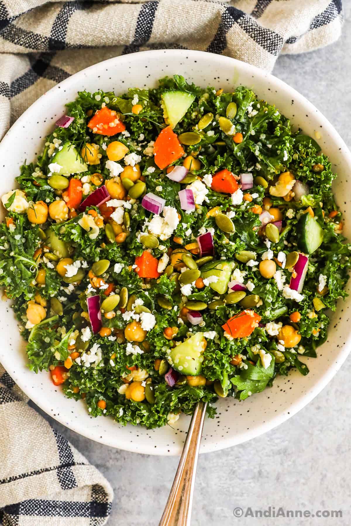 Close up of a bowl of kale salad with colorful vegetables, chickpeas and lentils