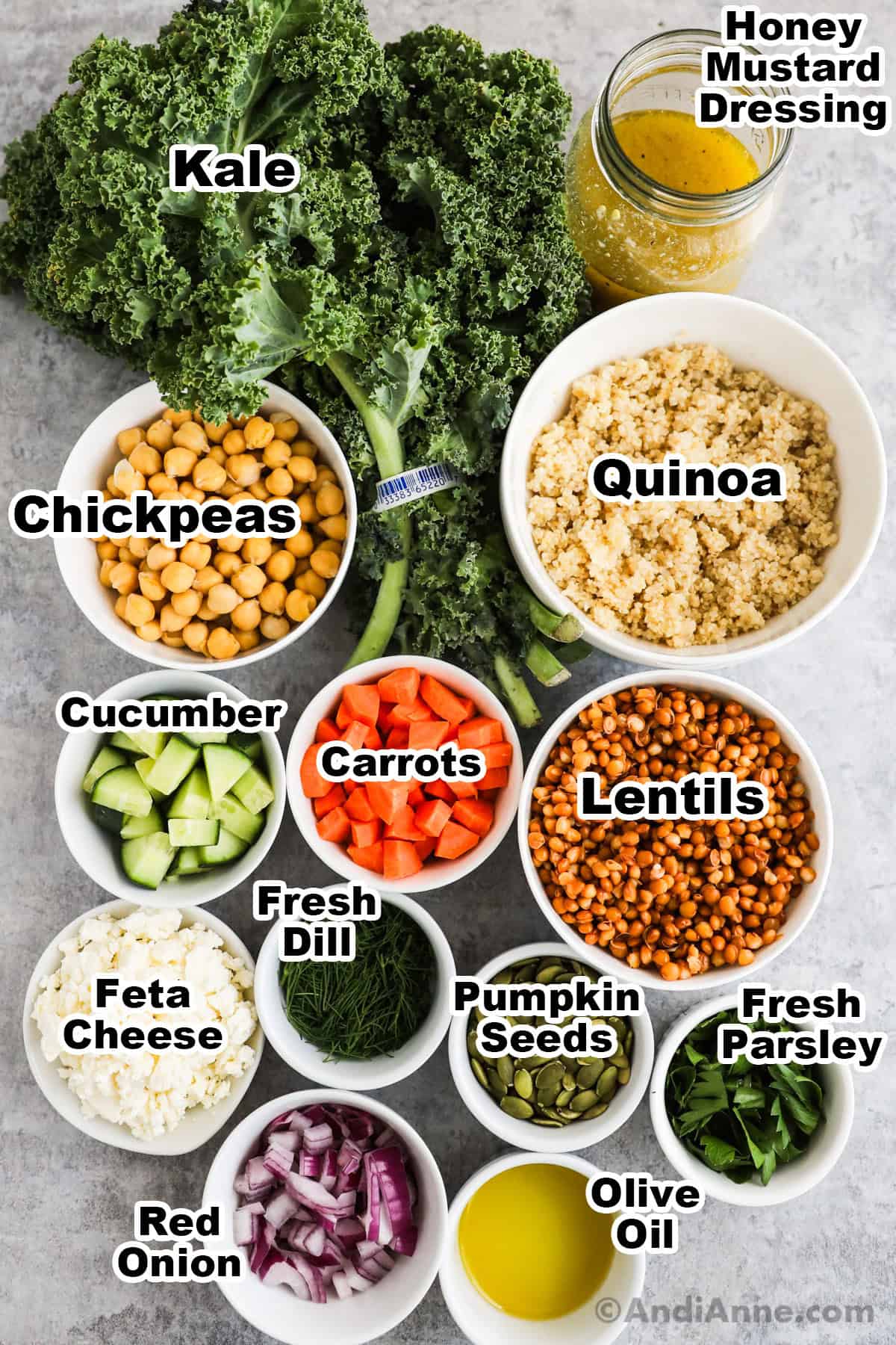 Recipe ingredients including a bunch of kale, bowls of salad dressing, chickpeas, quinoa, carrots, cucumbers, lentils, feta cheese, dill, parsley, onion and olive oil