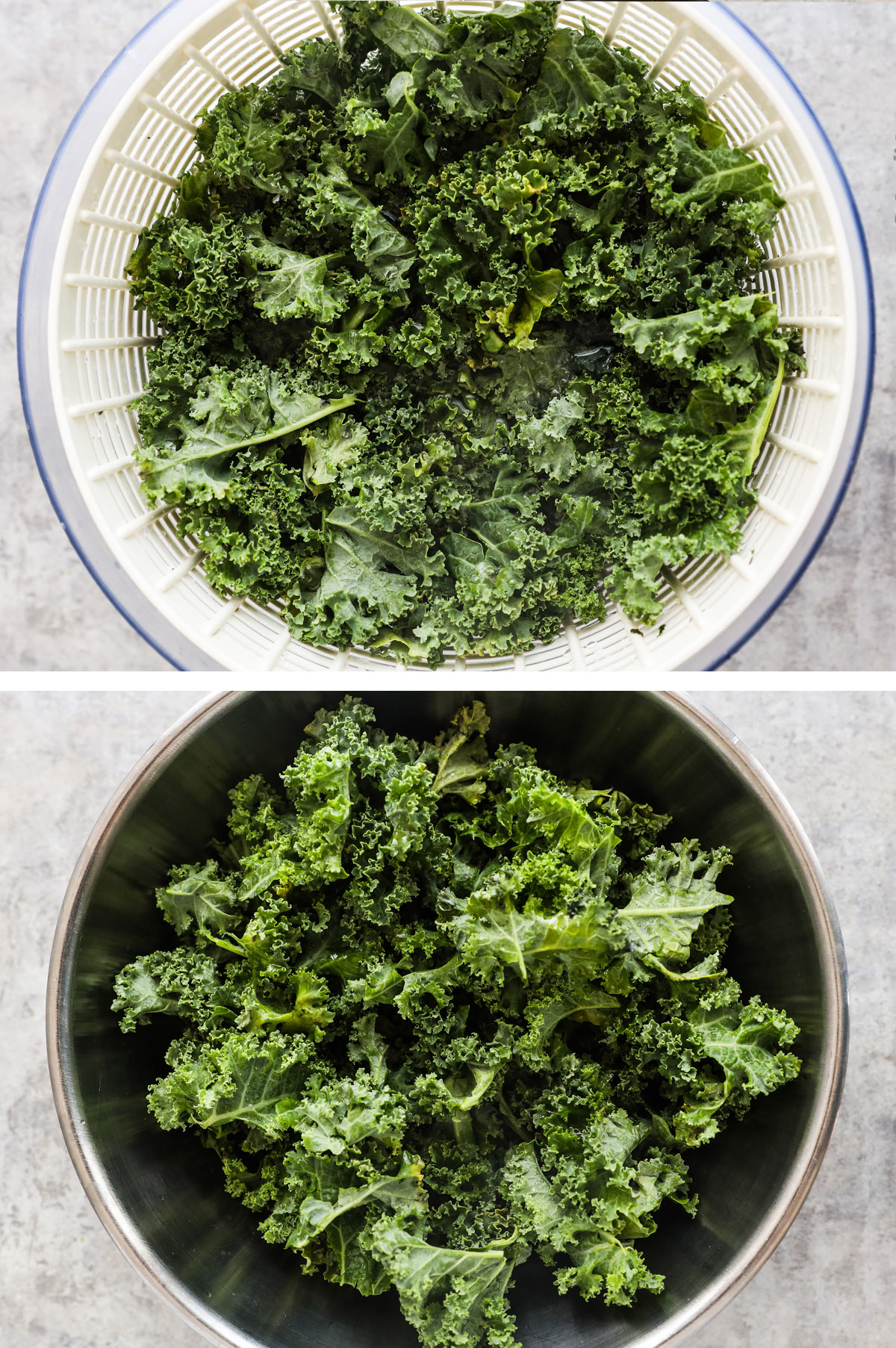 Close up of kale in a salad spinner and kale in a bowl