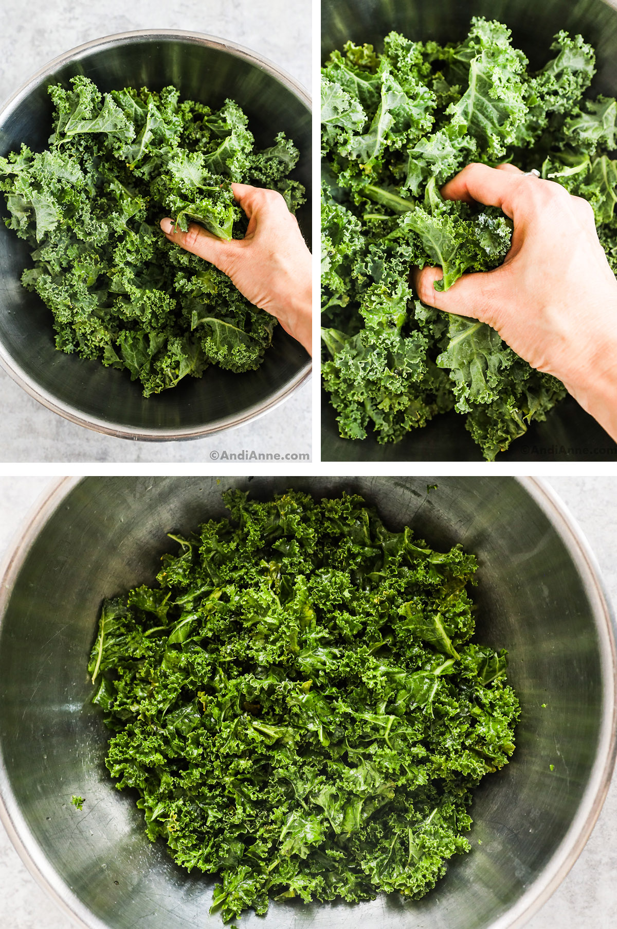 Three images together. first two are had grabbing bunches of kale, third image is massaged kale in a bowl.