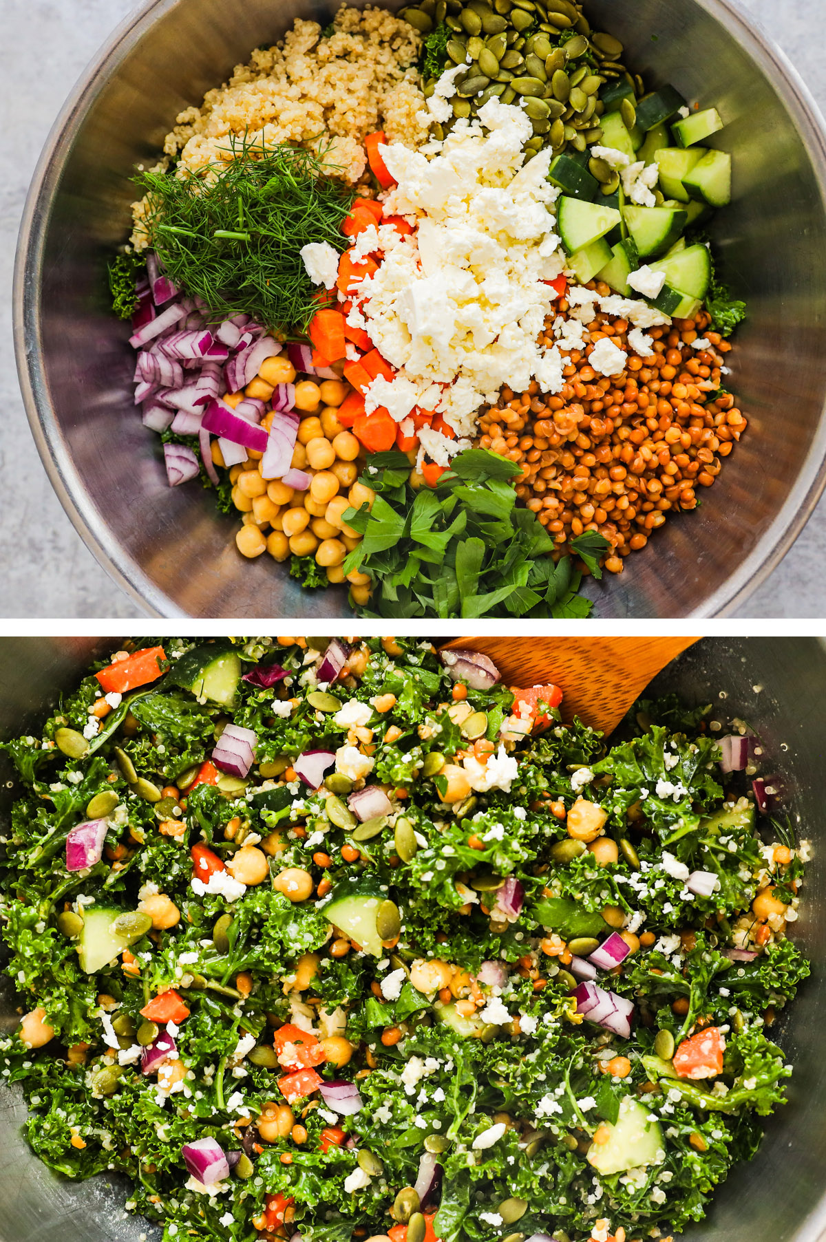 Two images. First is various vegetables, feta cheese, chickpeas and lentils in a large bowl. Second image is close up of the kale salad ingredients tossed together.