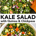 Close up of a kale salad with quinoa and chickpeas and other vegetables