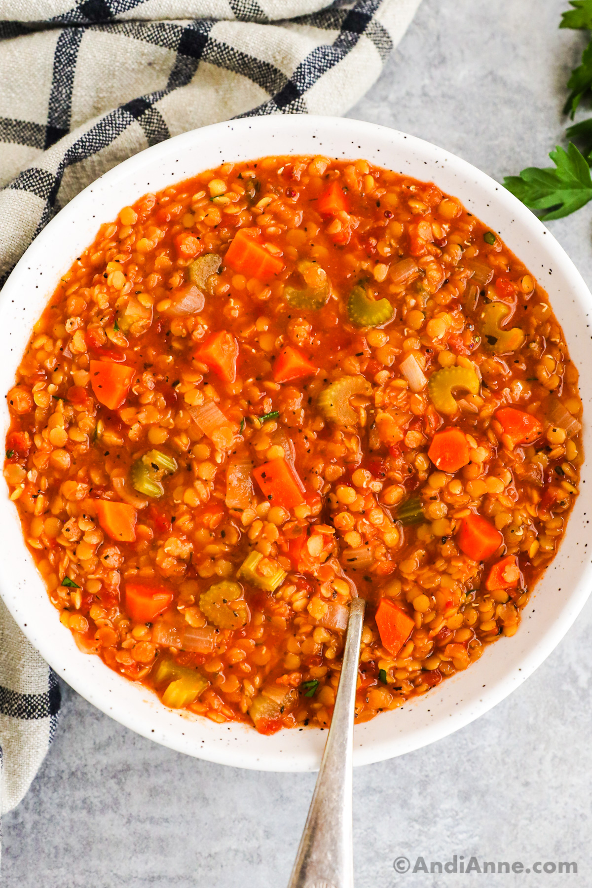 White bowl of lentil soup with a spoon.