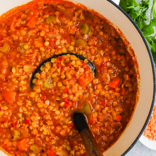 Pot of lentil soup with a ladle