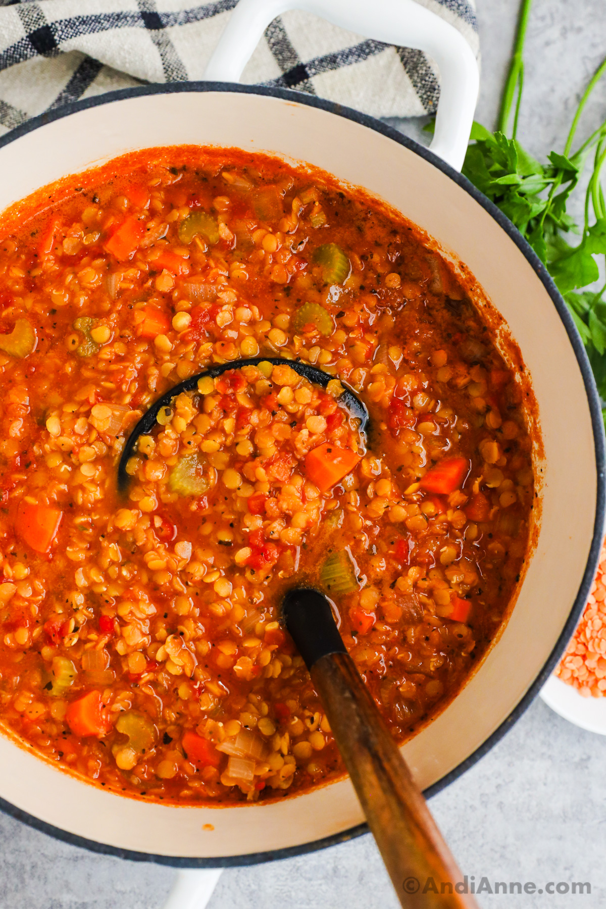 A pot of lentil soup with a soup ladle inside.