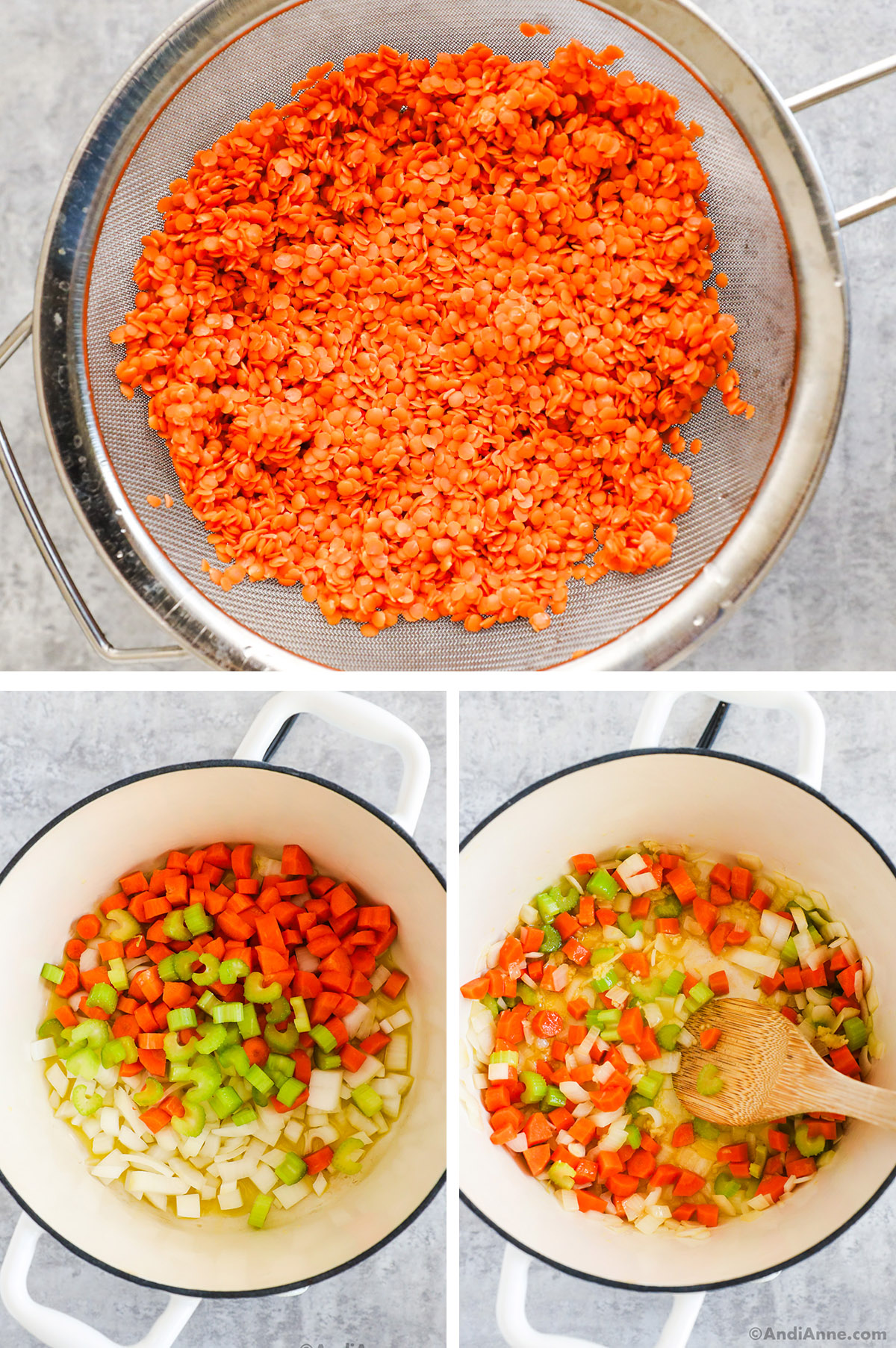 Three images, first is strainer with lentils, second is carrots, celery an onion in pot, Third is sauteed vegetables. 