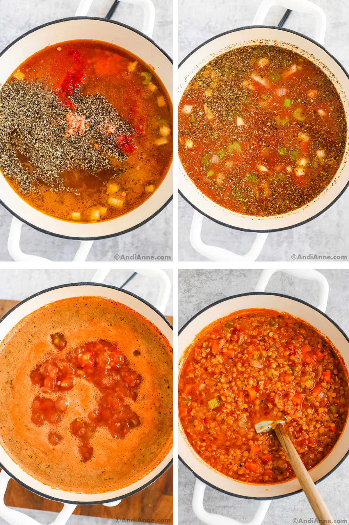 Four images of a white pot, first with spices, veggies and broth unmixed. Second mixed together. Third is simmering soup, fourth is finished lentil soup in pot with wood spatula.